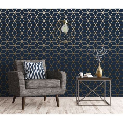 House of Alice Cubic Shimmer Metallic Wallpaper Navy Blue Gold 